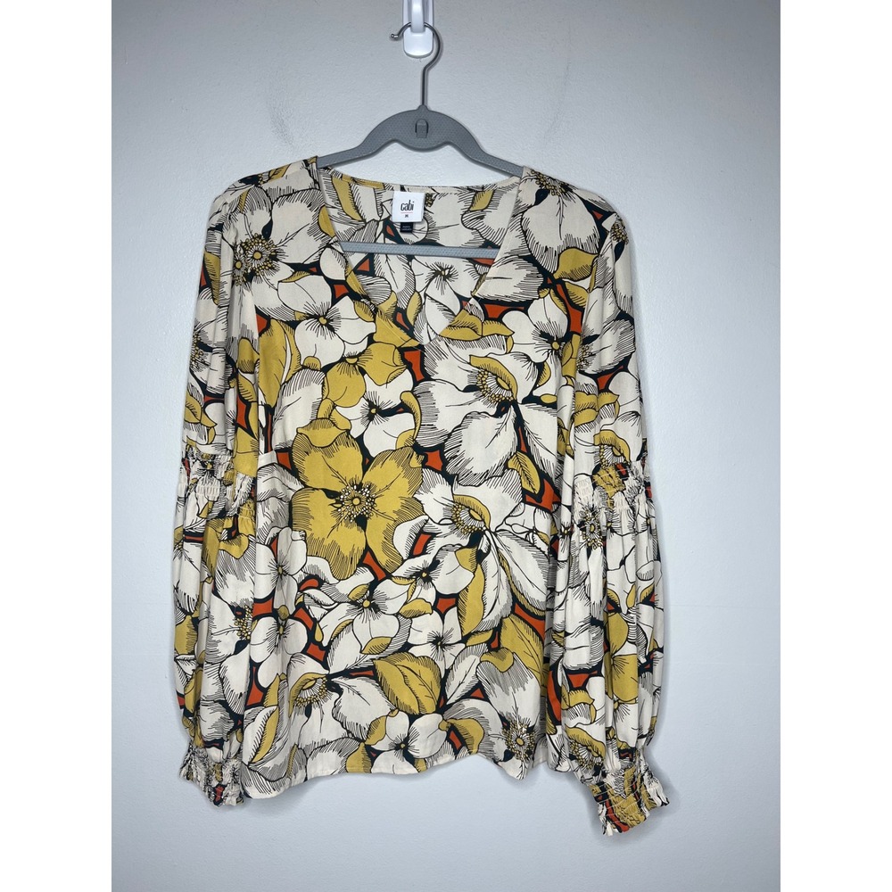 Cabi Floral V-Neck Blouse Mustard Yellow Orange Smocked Puff Sleeve Top Size M